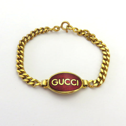 Gucci Vintage Gold Tone Metal Red Oval Tag Bracelet