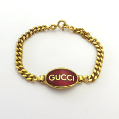 Gucci Vintage Gold Tone Metal Red Oval Tag Bracelet