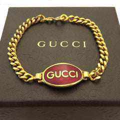 Gucci Vintage Gold Tone Metal Red Oval Tag Bracelet