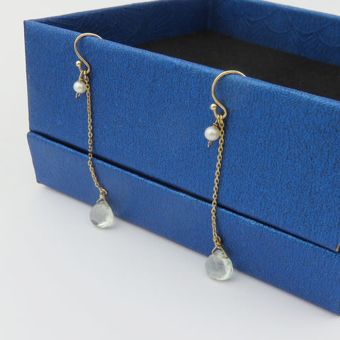 ete Japan K18 Yellow Gold Hook Pearl Clear Quartz Drop Dangle Chain Earrings