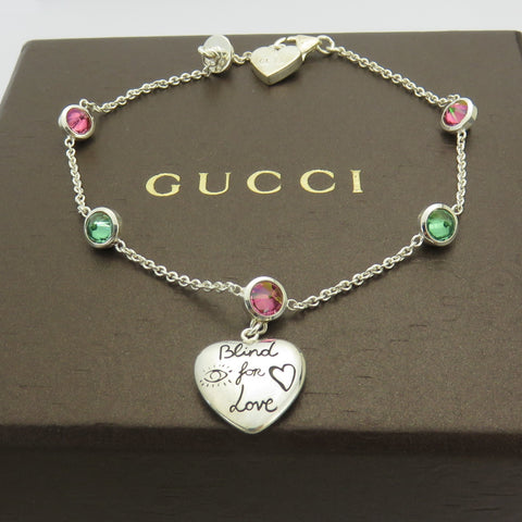 Gucci 925 Silver Red Green Rhinestones Blind for Love Heart Tag Bracelet