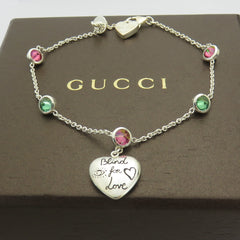 Gucci 925 Silver Red Green Rhinestones Blind for Love Heart Tag Bracelet with Box