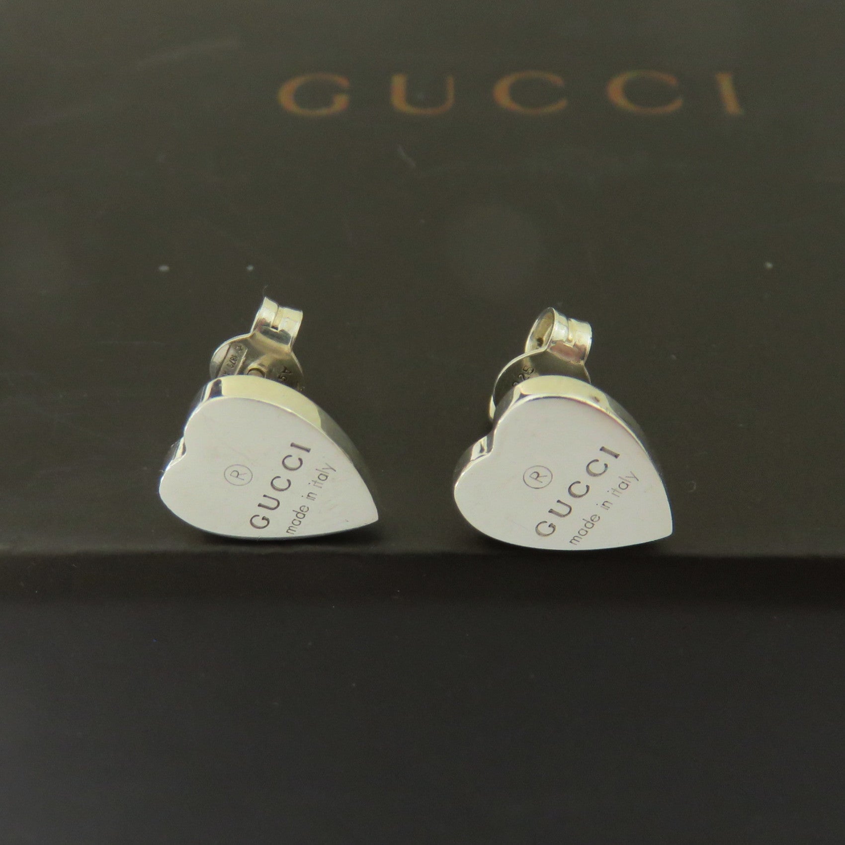 GUCCI 925 Sterling Silver Trademark Heart Tag Stud Earrings 