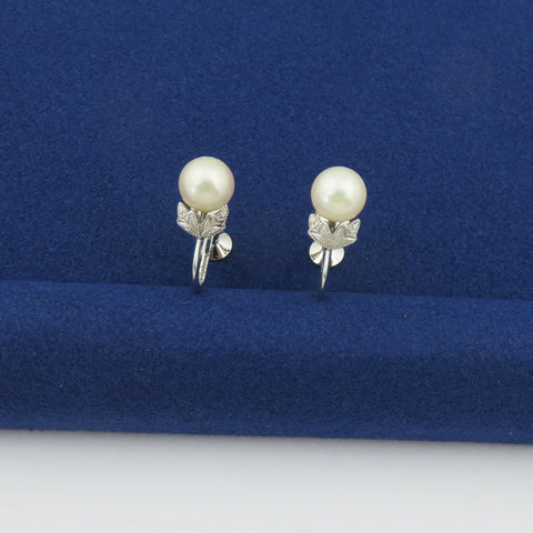 Mikimoto 925 Sterling Silver Leaf Akoya Pearl Screw On Earrings