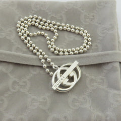 Gucci 925 Sterling Silver Interlocking G Toggle Unisex Necklace with Pouch