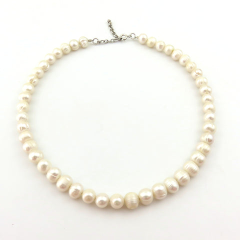 Genuine Pearl Choker Necklace 7.5-8.5mm 925 Silver Adjustable 37-40cm Handmade