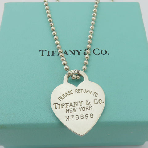 TIFFANY & CO 925 Silver Return to Tiffany Heart Tag Long Beaded Chain Necklace