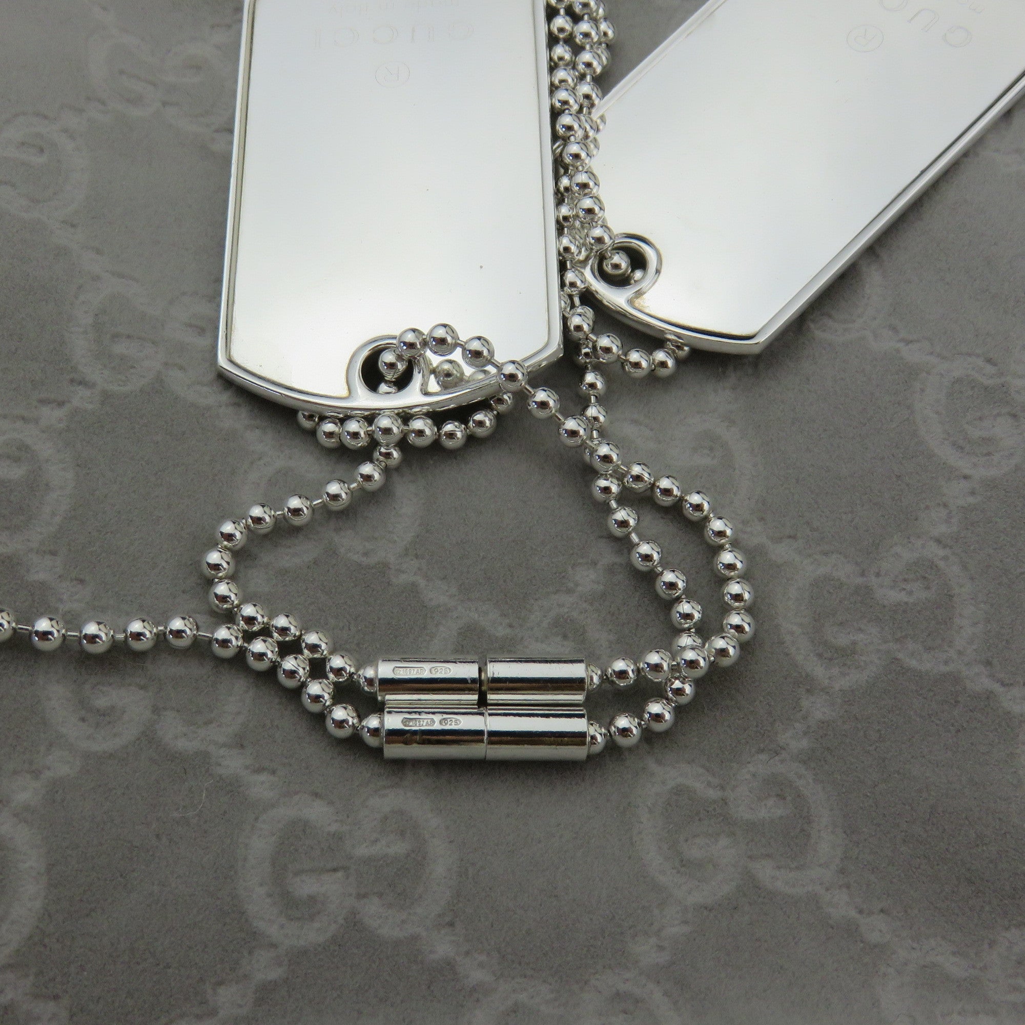 Gucci 925 Sterling Silver Double Dog Tag Ball Chain Unisex Necklace w/ Box Pouch