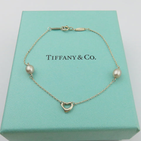TIFFANY & CO 925 Silver Pearls By The Yard Open Heart Bracelet with Box