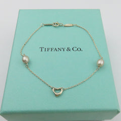 TIFFANY & CO 925 Silver Pearls By The Yard Open Heart Bracelet with Pouch Box
