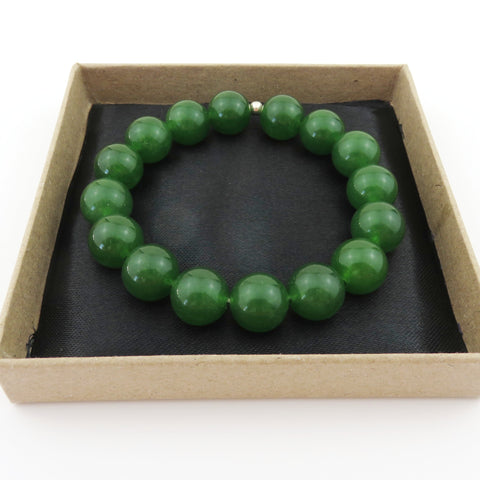 Genuine Green Jade Bracelet 12mm Round Beads Silver Accent Elastic Handmade Box