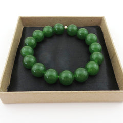 Genuine Green Jade Bracelet 12mm Round Beads Silver Accent Elastic Handmade Box