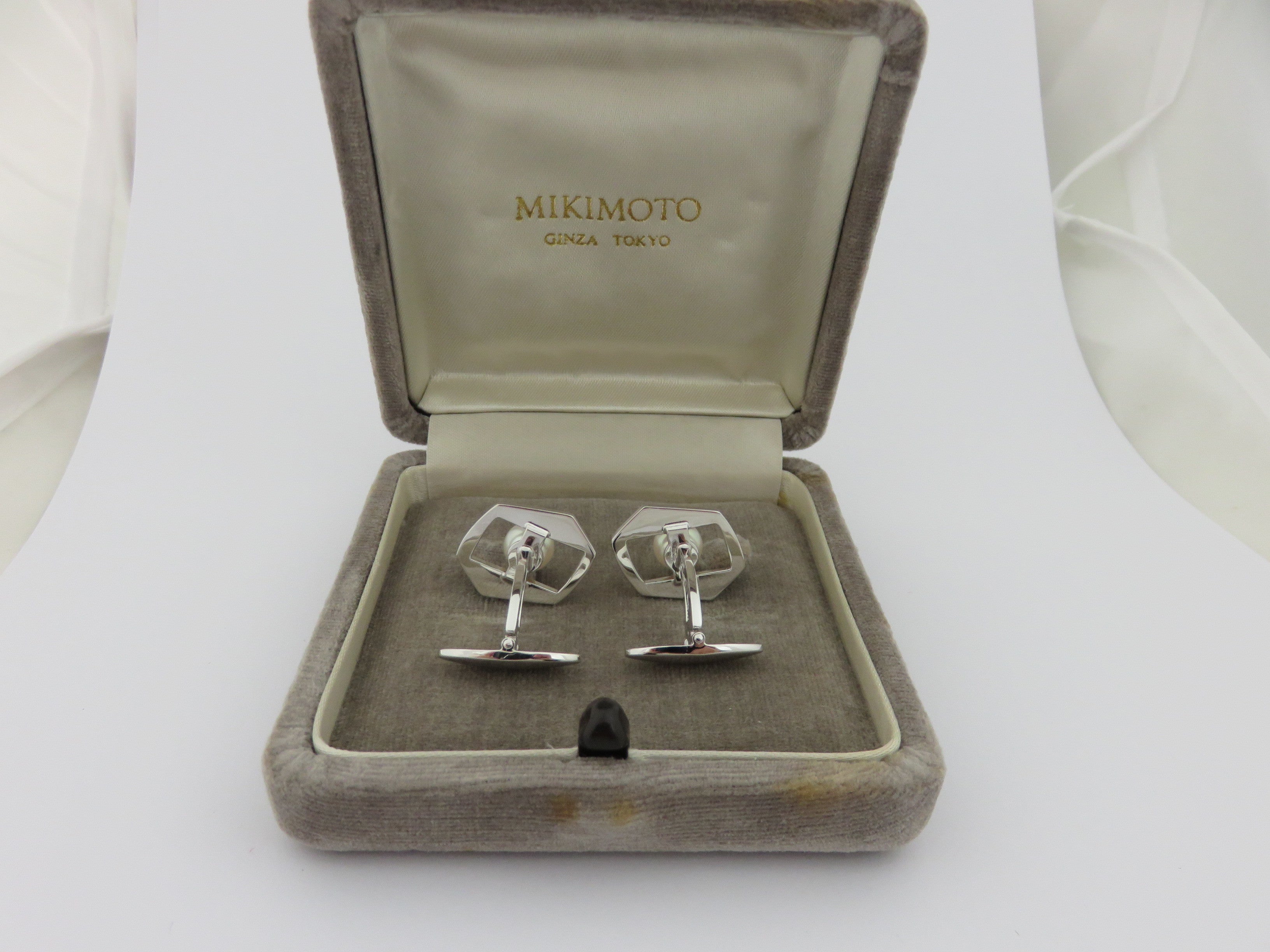 MIKIMOTO 925 Sterling Silver Akoya Pearl 7mm Geometric Cufflinks 