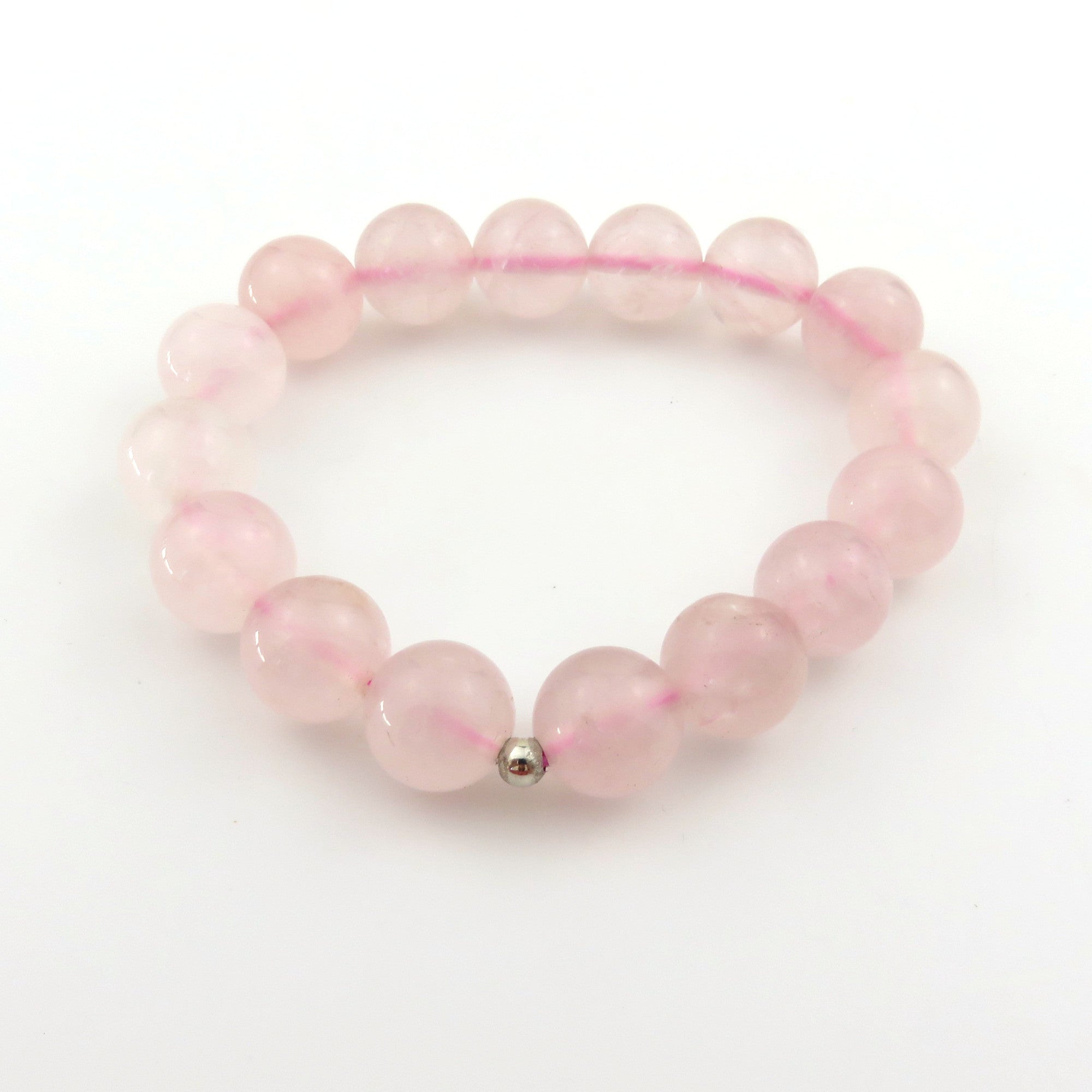 Genuine Rose Quartz Bracelet 12mm Round Beads Silver Accent Elastic Handmade Box