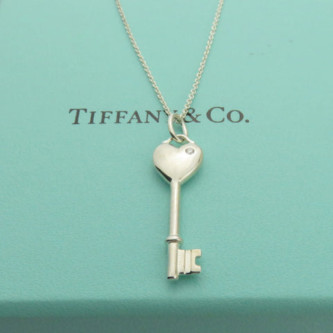 Tiffany & Co 925 Sterling Silver Heart Key Diamond Pendant Necklace with Box