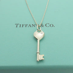 Tiffany & Co 925 Sterling Silver Heart Key Diamond Pendant Necklace with Box