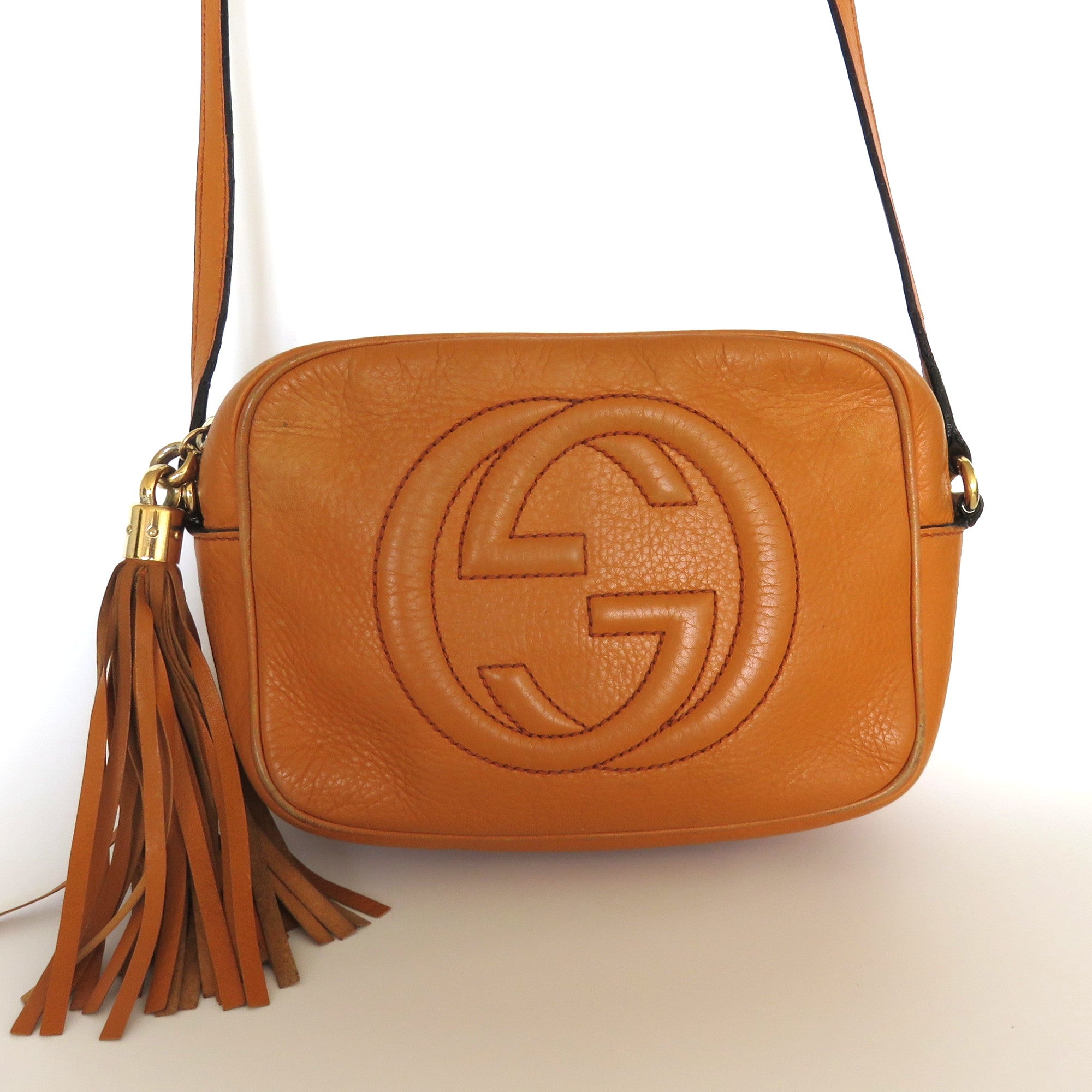 Gucci Soho Disco Crossbody Bag Tan Cognac Leather Tassel Camera Bag