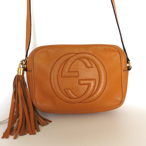 Gucci Soho Disco Crossbody Bag Tan Cognac Leather Tassel Camera Bag