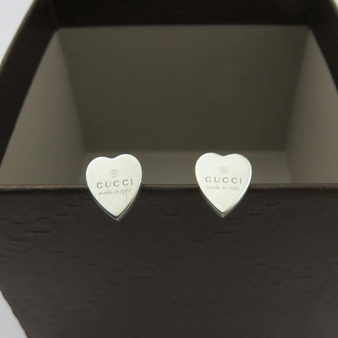 GUCCI 925 Sterling Silver Trademark Heart Tag Stud Earrings Made in Italy w/ Box