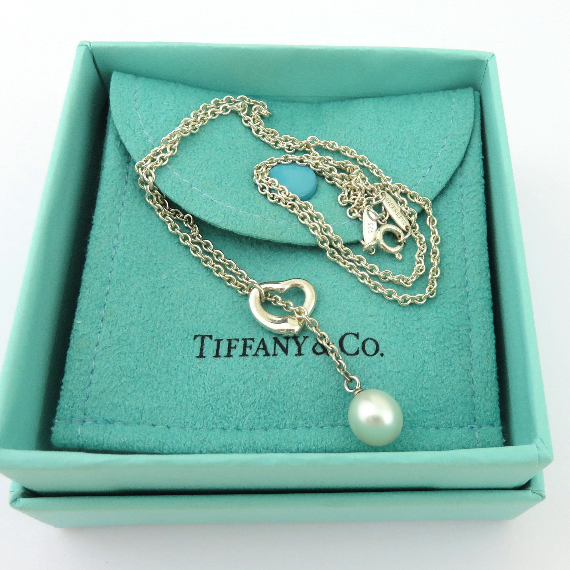 TIFFANY & CO 925 Sterling Silver Open Heart Pearl Lariat Necklace with Box Pouch