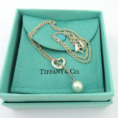 TIFFANY & CO 925 Sterling Silver Open Heart Pearl Lariat Necklace with Box Pouch