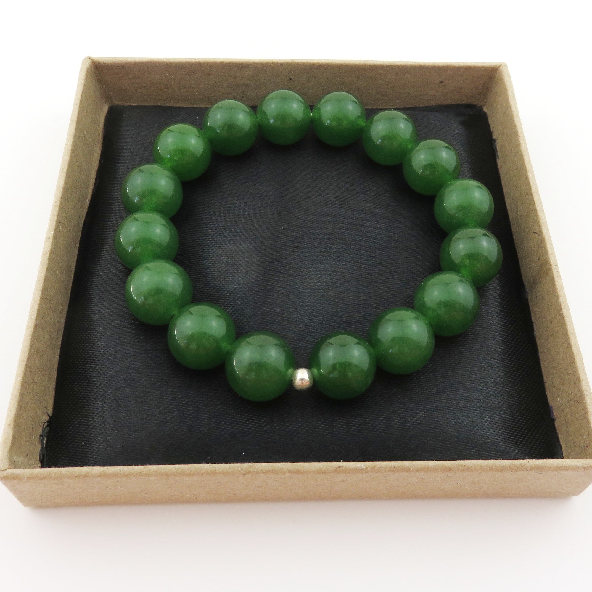 Genuine Green Jade Bracelet 12mm Round Beads Silver Accent Elastic Handmade Box