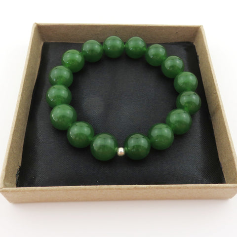 Genuine Green Jade Bracelet 12mm Round Beads Silver Accent Elastic Handmade Box