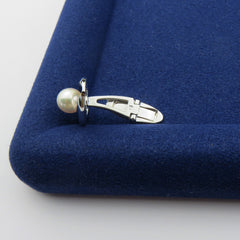 MIKIMOTO 925 Silver Akoya Pearl Oval Cufflinks & Tie Clip Bar Set with Box