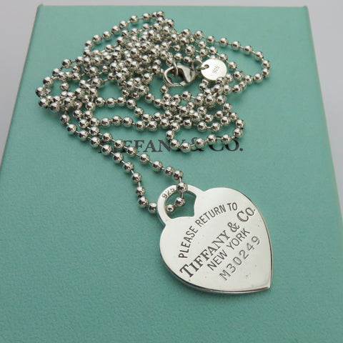 TIFFANY & CO 925 Silver Return to Tiffany Heart Tag Long Beaded Chain Necklace