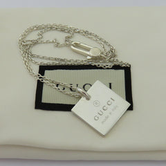 Gucci 925 Sterling Silver Square Tag Unisex Pendant Necklace with Pouch