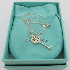 TIFFANY & CO 925 Silver Daisy Flower Key Diamond Necklace with Pouch Box