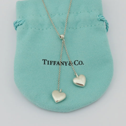 TIFFANY & CO 925 Sterling Silver Double Heart Dangle Necklace with Po0uch