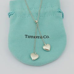 TIFFANY & CO 925 Sterling Silver Double Heart Dangle Necklace with Po0uch