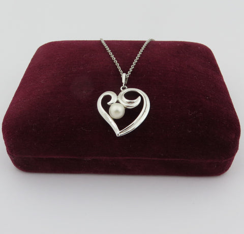 Mikimoto 925 Sterling Silver Open Heart Akoya Pearl Pendant Necklace with Box