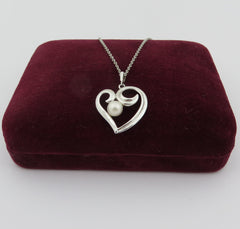 Mikimoto 925 Sterling Silver Open Heart Akoya Pearl Pendant Necklace with Box