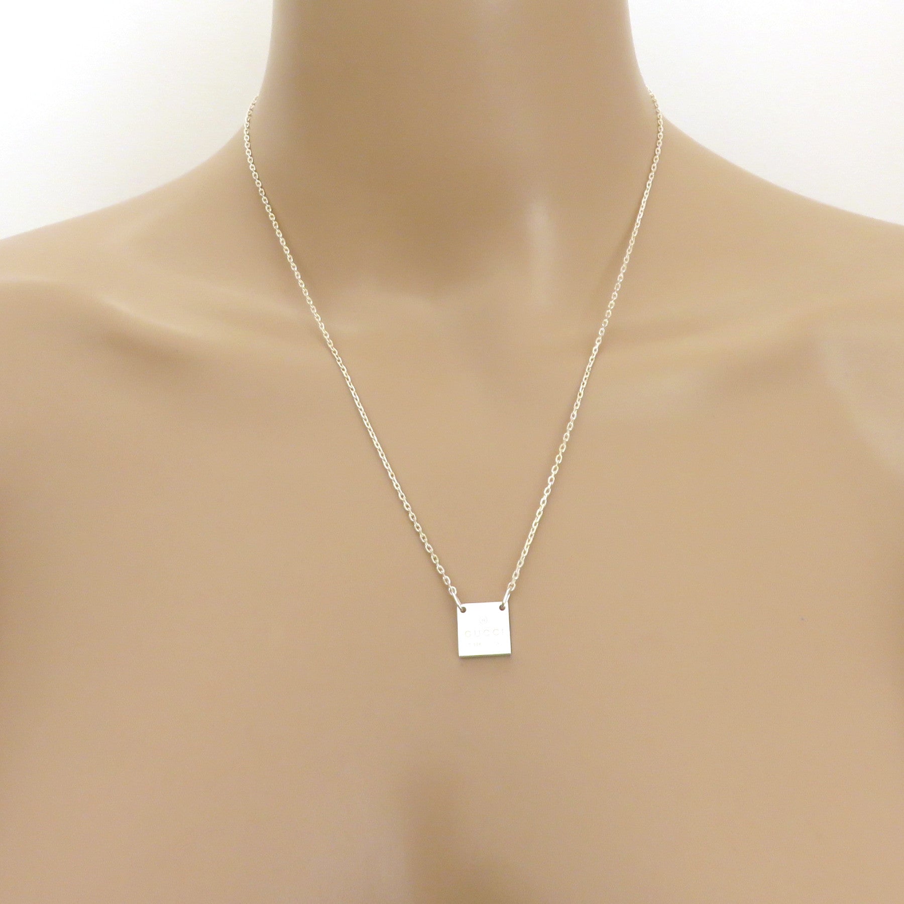 Gucci 925 Sterling Silver Mini Square Tag Pendant Necklace with Pouch
