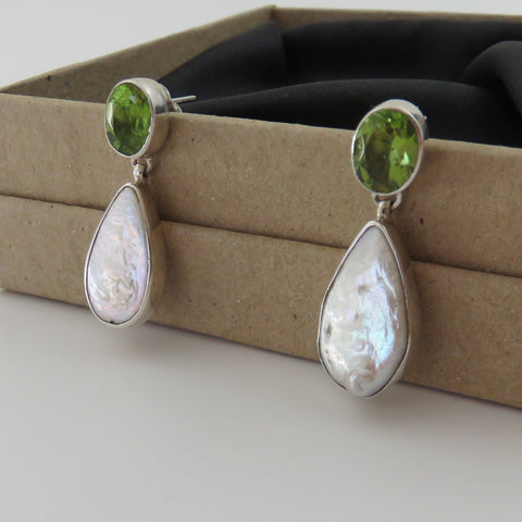 Natural Peridot Mother of Pearl 925 Sterling Silver Dangle Earrings Unique Box
