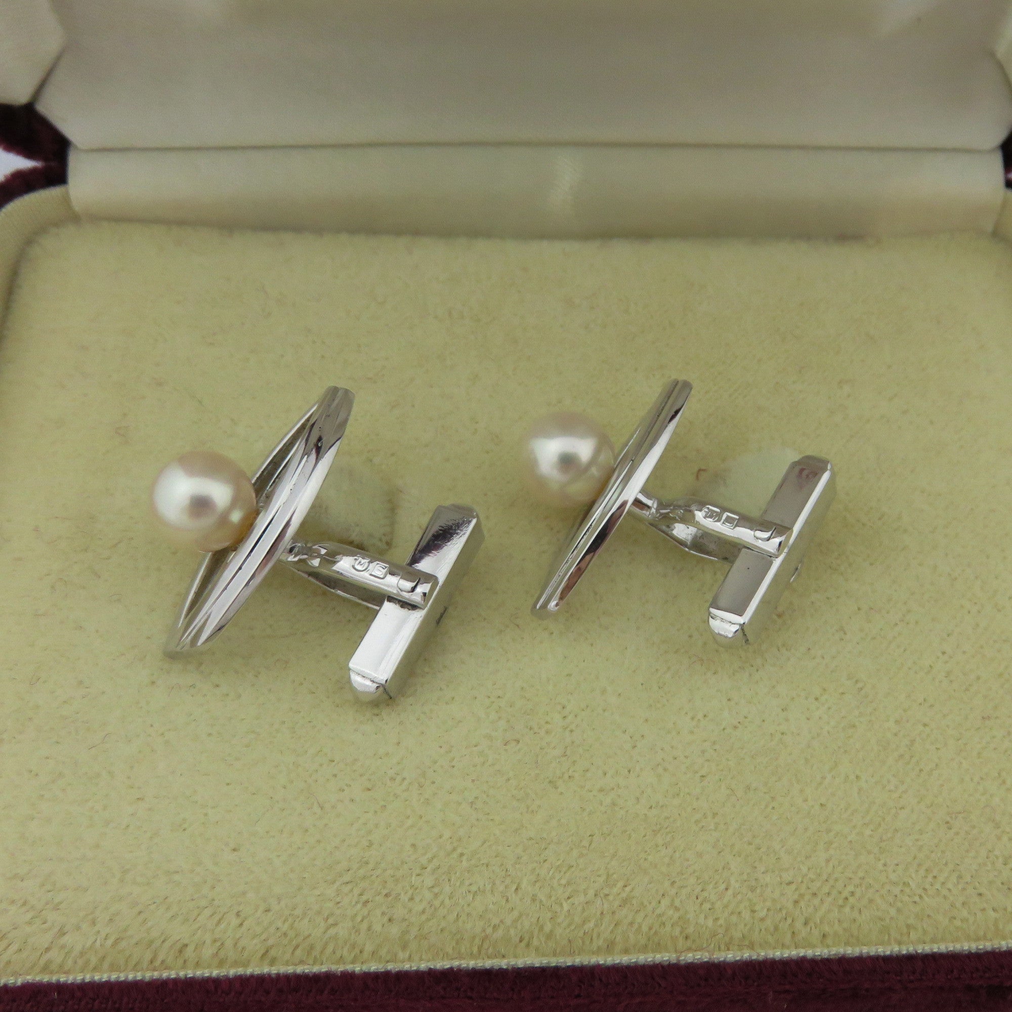 MIKIMOTO 925 Silver Akoya Pearl Marquise Cufflinks & Tie Clip Bar Set with Box