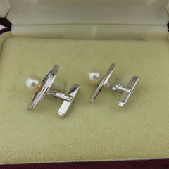 MIKIMOTO 925 Silver Akoya Pearl Marquise Cufflinks & Tie Clip Bar Set with Box