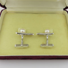 MIKIMOTO 925 Sterling Silver Akoya Pearl 8mm Triangle Geometric Cufflinks w/ Box