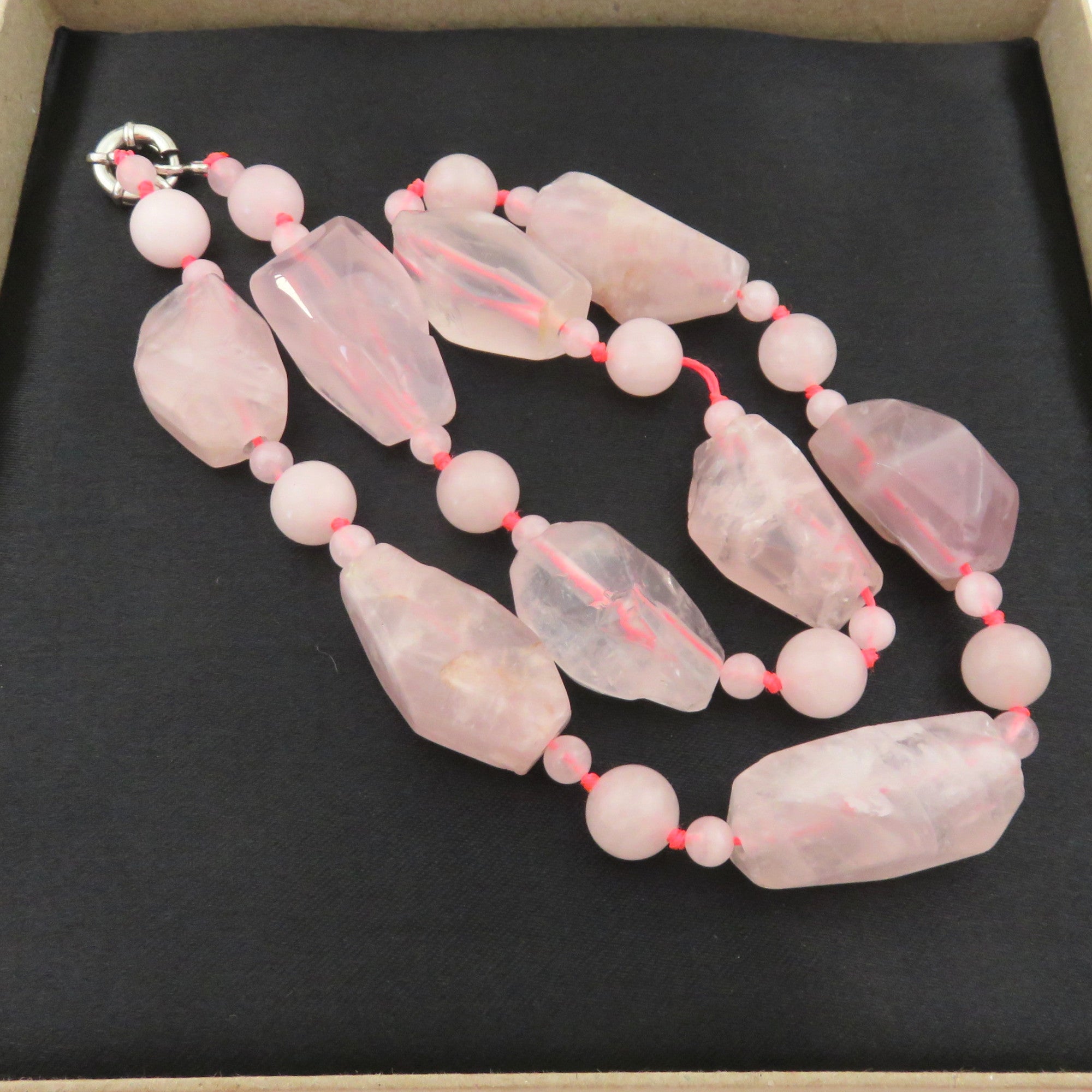Natural Rose Quartz Necklace Bold Unique Statement Design Silver Clasp 44cm Box