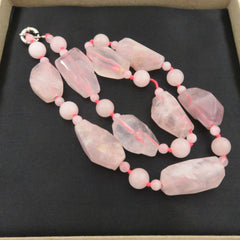 Natural Rose Quartz Necklace Bold Unique Statement Design Silver Clasp 44cm Box