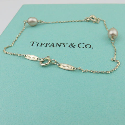TIFFANY & CO 925 Silver Pearls By The Yard Open Heart Bracelet with Box