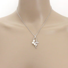MIKIMOTO 925 Sterling Silver 3 Pearl Cluster Floral Ribbon Pendant Necklace