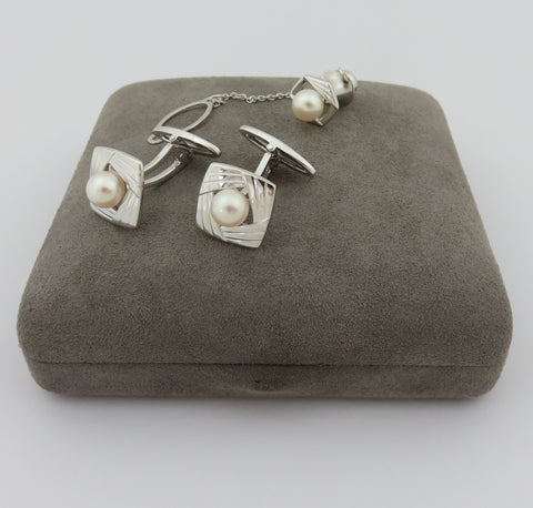 Mikimoto 925 Silver 6.5 mm Akoya Pearl Cufflinks Tie Tack Set Original Box