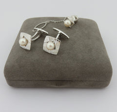 Mikimoto 925 Silver 6.5 mm Akoya Pearl Cufflinks Tie Tack Set Original Box