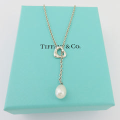 TIFFANY & CO 925 Sterling Silver Open Heart Pearl Lariat Necklace with Box 