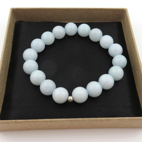 Genuine Aquamarine Handmade Bracelet 10mm Beads Silver Accent Elastic Box
