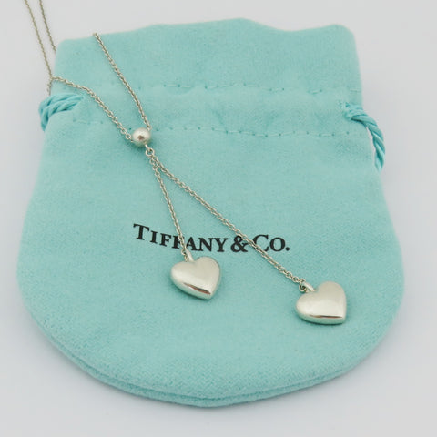 TIFFANY & CO 925 Sterling Silver Double Heart Dangle Necklace with Po0uch