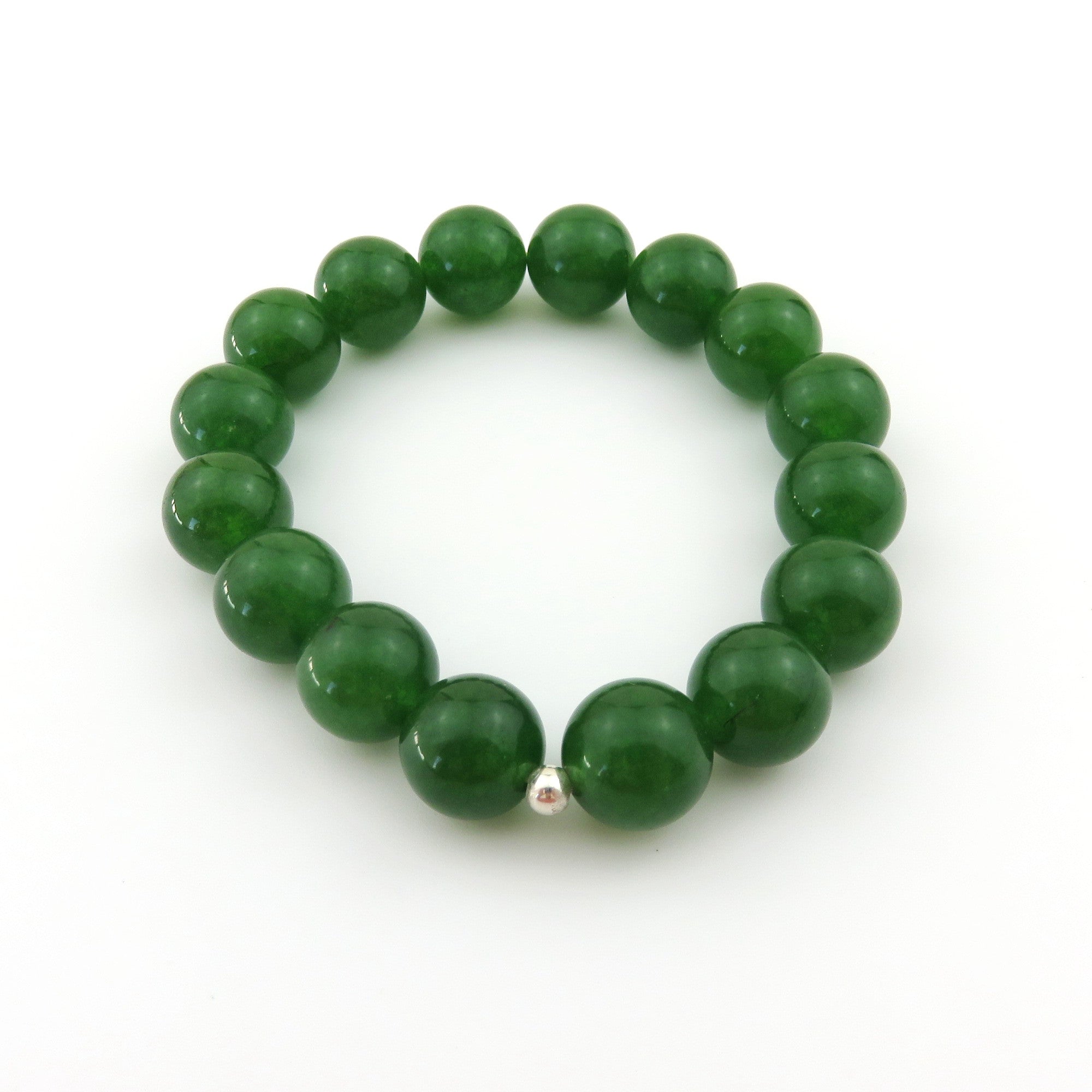 Genuine Green Jade Bracelet 12mm Round Beads Silver Accent Elastic Handmade Box